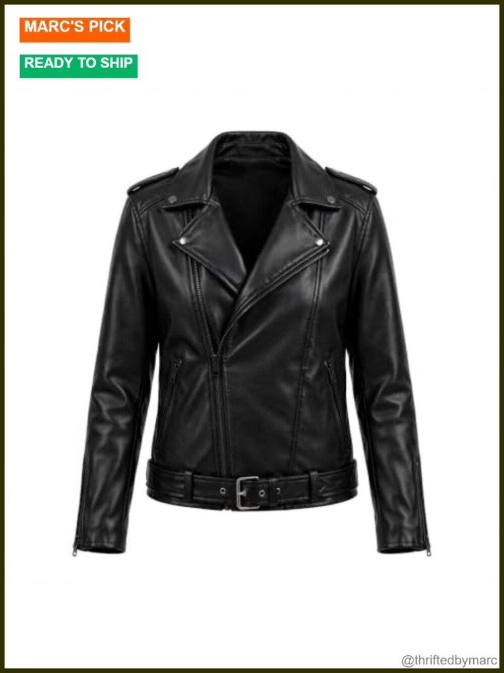 Vegan PU Leather Moto Biker Jacket Belted Cropped